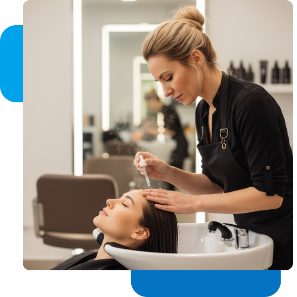 hairdresser applying a scalp treatment to a client in a salon