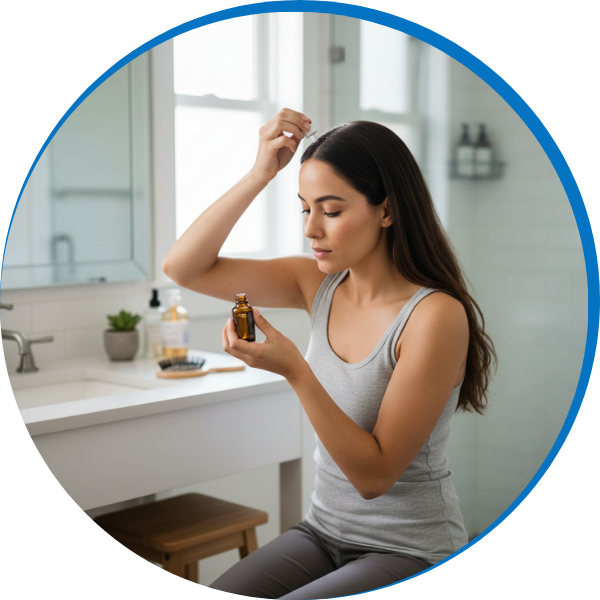 woman applying medicated oil to her scalp at home