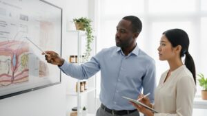 A male and female professional discussing a detailed anatomical skin chart displayed on a large digital screen in a bright office.