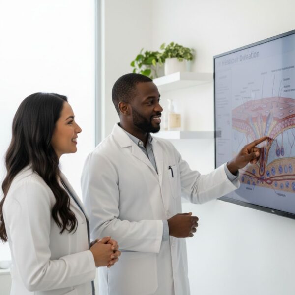 A male specialist in a white coat smiles while pointing out specific details on a digital medical chart for a female colleague.